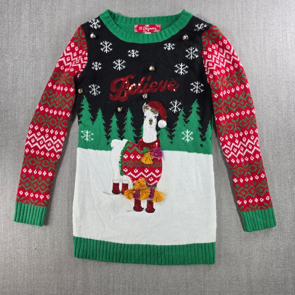 33 Degrees Christmas Sweater Womens Medium M 10/12 Black Llama Believe Sequin